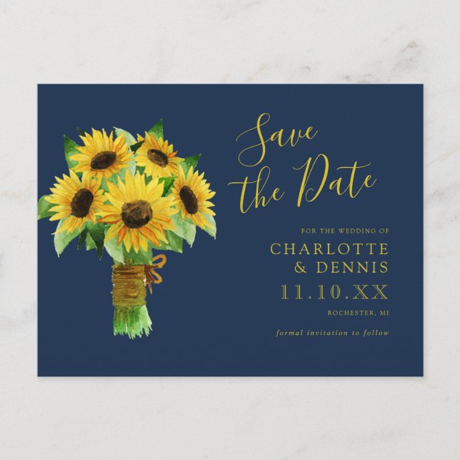 Aquarellsonnenblume auf der Marine Save the Date Postkarte (Vorderseite)
