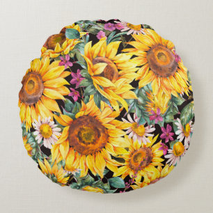 Aquarellsonnenblumen Sommer Vintag nahtloser Teil Rundes Kissen