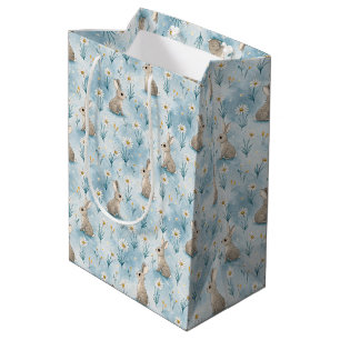 Aquarellstil-Häschen und Gänseblümchen Baby Blau Mittlere Geschenktüte