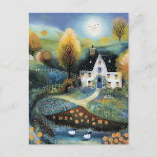 Aquarellstil Weiße Cottage-Landschaft Postkarte