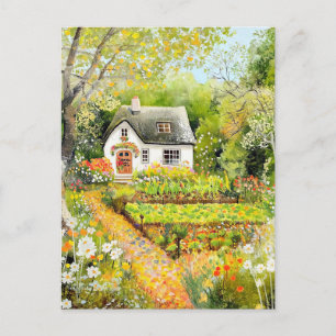 Aquarellstil Weißes Landhausgarten-Landschaft Postkarte