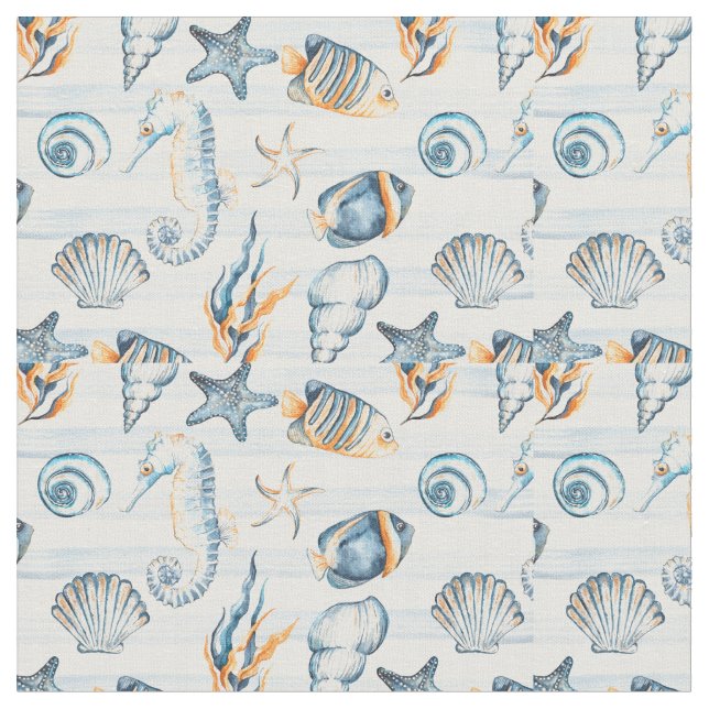 Aquarellstrand Seashell Ferienhaus Blau Stoff (Nahaufnahme)