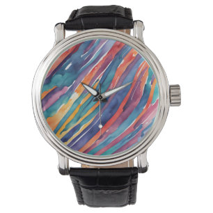 Aquarellstreifen Orange, Pink Blau Grün Lila Armbanduhr