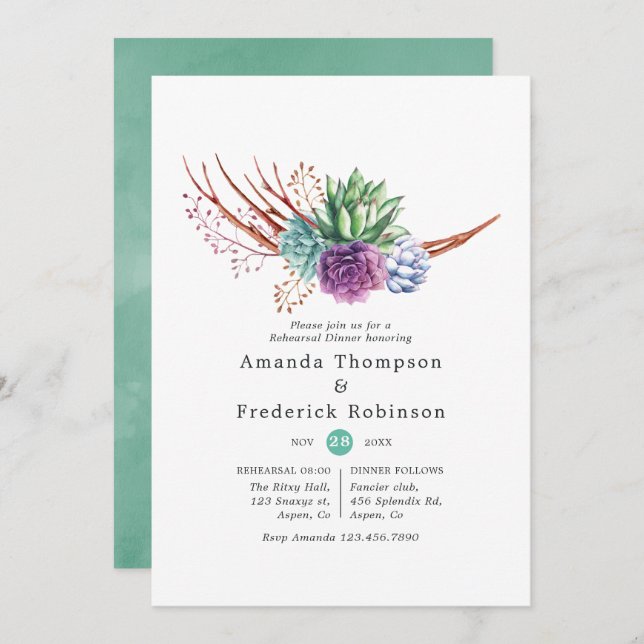 Aquarellsukkulente Hochzeiten Probe Abendessen Einladung (Vorne/Hinten)