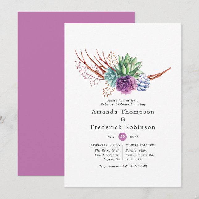 Aquarellsukkulente Hochzeiten Probe Abendessen Einladung (Vorne/Hinten)