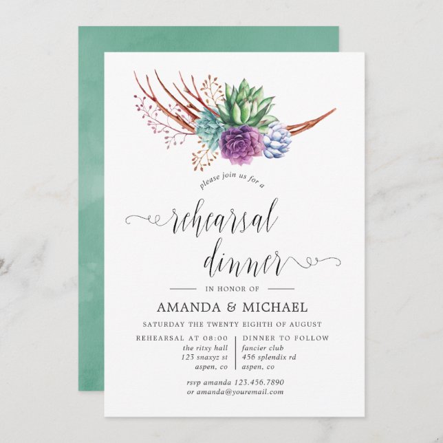 Aquarellsukkulente Hochzeiten Probe Abendessen Einladung (Vorne/Hinten)