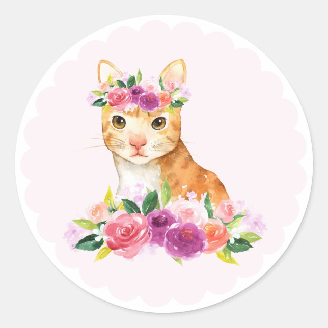 Aquarelltabby-Katze mit Blumenkronen-Aufkleber Runder Aufkleber (Vorderseite)