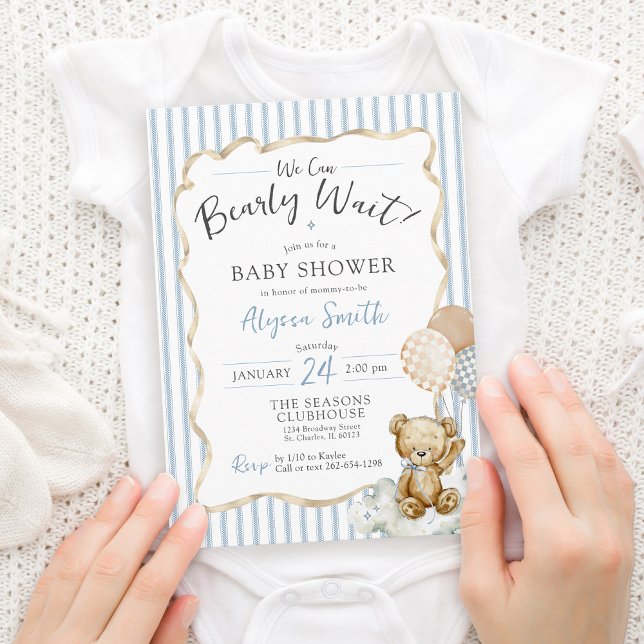 Aquarellteddy Bear Bear Bearly Wait Baby Boy Dusch Einladung (Cute teddy bear theme We Can Bearly Wait bow checkerboard balloons blue baby boy shower invitation)