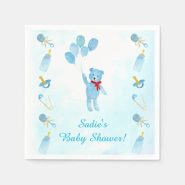 Aquarellteddybär mit Balloons Babydusche Serviette (Vorderseite)