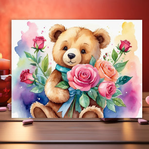 Aquarellteddybär mit Rose Print Poster