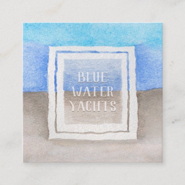 Aquarelltext über Blue & Tan Sea Beach Thema Quadratische Visitenkarte (Vorderseite)