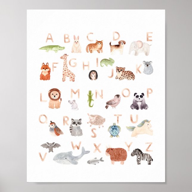 Aquarelltier abc Kinder Alphabet. Kinderzimmer Poster (Vorne)