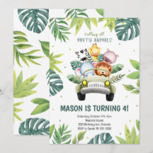 Aquarelltiere Safari Auto Geburtstagsfeier Einladu