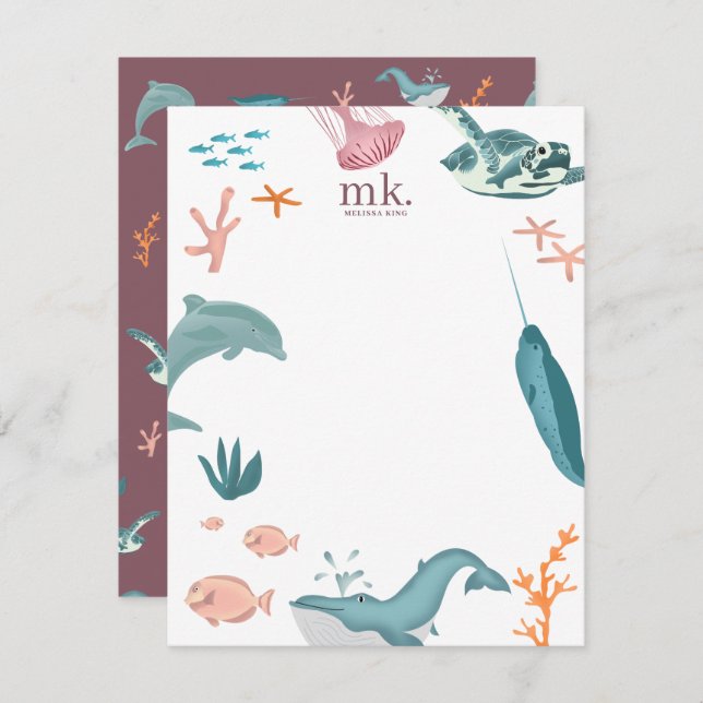 Aquarelltiere Seetiere Monogramm Rosa Rosa Mitteilungskarte (Vorne/Hinten)