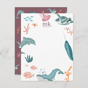 Aquarelltiere Seetiere Monogramm Rosa Rosa Mitteilungskarte