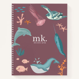 Aquarelltiere Seetiere Monogramm Rosa Rosa Notizbuch