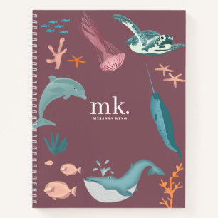 Aquarelltiere Seetiere Monogramm Rosa Rosa Notizbuch