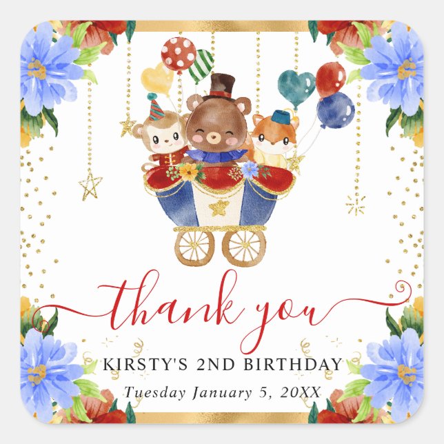 Aquarelltiere Züge Blumenstrauß Geburtstag Quadratischer Aufkleber (Vorderseite)