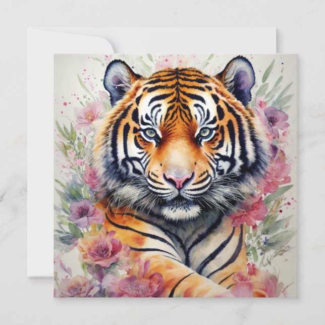 Aquarelltiger mit Blume Blumenbemalung Einladung (Vorderseite)