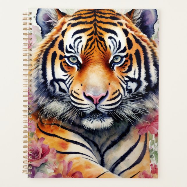 Aquarelltiger mit Blume Blumenbemalung Planer (Vorderseite)