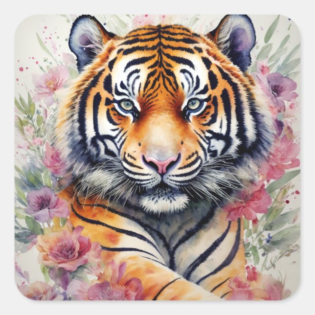 Aquarelltiger mit Blume Blumenbemalung Quadratischer Aufkleber (Vorderseite)