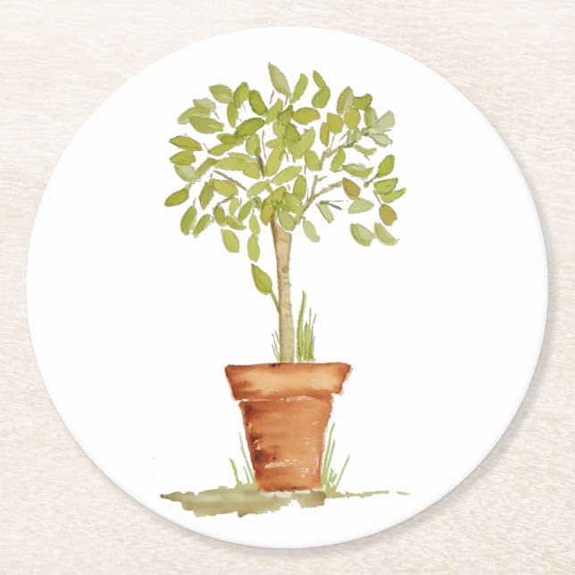 Aquarelltopiary-Baum Runder Pappuntersetzer (Vorderseite)
