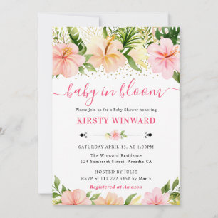 Aquarelltropische rosa Blumen Babyparty Einladung