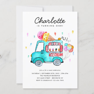 Aquarelltruck Ballon Kinder Eiscreme Geburtstag Einladung