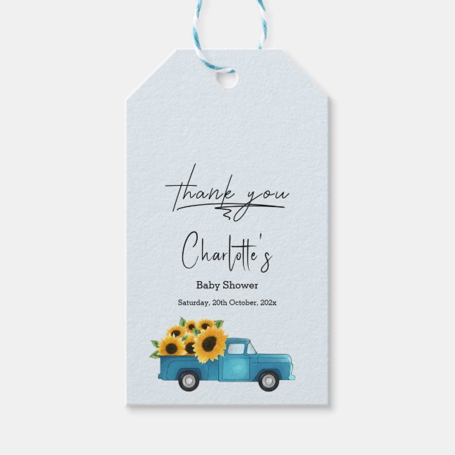 Aquarelltruck mit Sonnenblumen Babydusche Geschenkanhänger (Vorderseite)