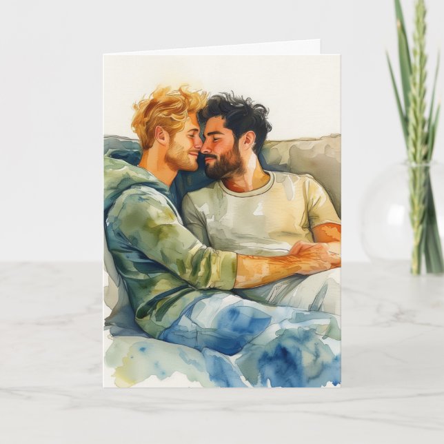 Aquarellumarmung auf blauer Couch Karte (Vorderseite)