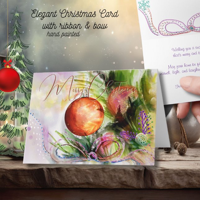 Aquarellverzierung und festliche Weihnachtsfeier Karte (Watercolor Ornament and Festive Ribbon Christmas Card)