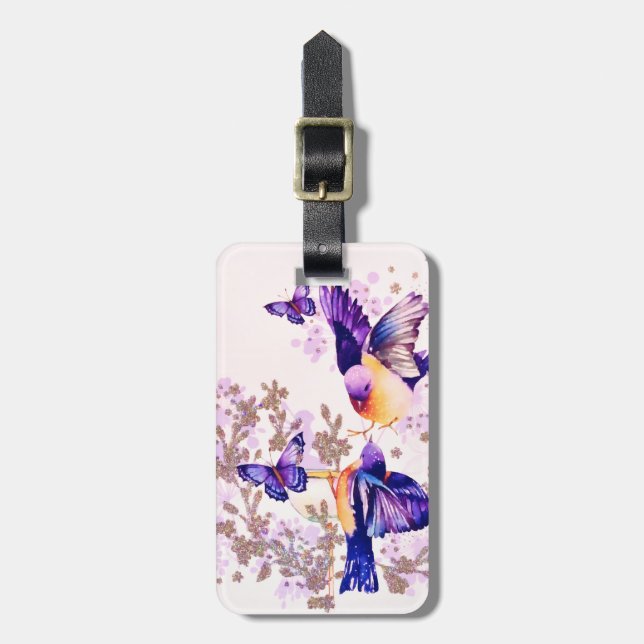 Aquarellvögel Lila Glitzer Gepäckanhänger (Vorderseite vertikal)
