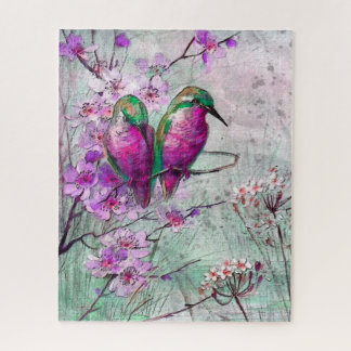 Aquarellvögel mit rosa Frühlingsblumen Puzzle