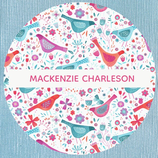 Aquarellvögel und Blume Individuelle Name Etiketten (Pretty watercolor bird and flower personalized custom name clothes label)