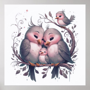 Aquarellvogelfamilie mit Kindern#5 Poster