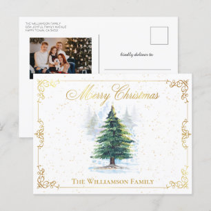 Aquarellwald Bäume Gold Elegantes Frame Foto Feiertagspostkarte