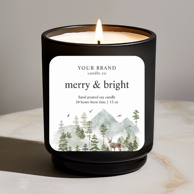 "Aquarellwald Bäume & Hirschkerze Quadratischer Aufkleber (Von Creator hochgeladen)