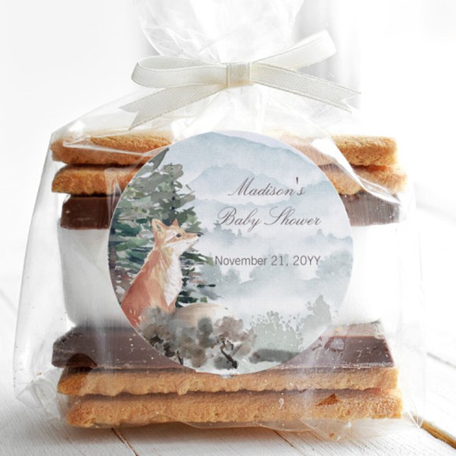 Aquarellwald Fox Babydusche Runder Aufkleber (Watercolor Woodland Forest Fox Baby Shower Favor Sticker)