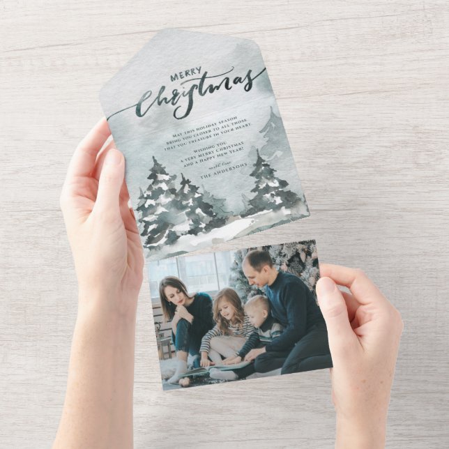 Aquarellwald | Frohe Weihnachts-Fotokarte All In One Einladung (Abreißen)