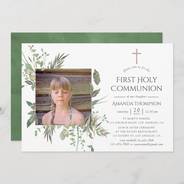 Aquarellwald Grüne erste Kommunion Einladung (Vorne/Hinten)