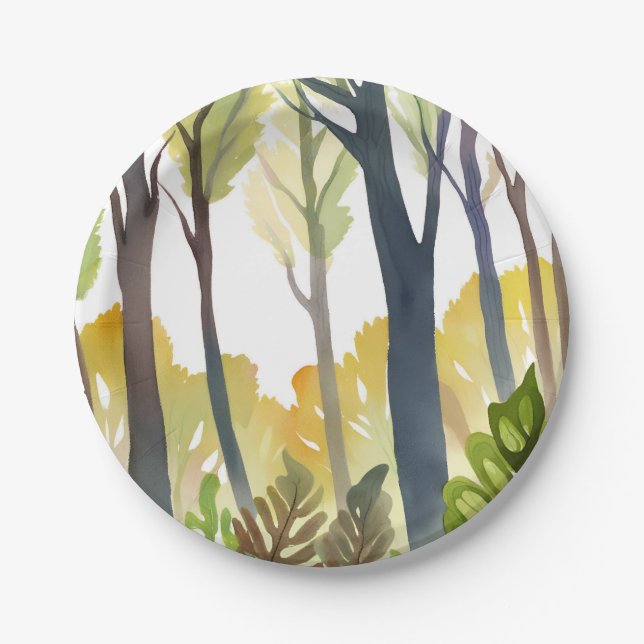Aquarellwald | Grüne Naturwaldmalerei Pappteller (Vorderseite)
