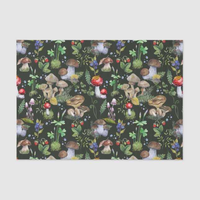 Aquarellwald Grüne Pilze Berries Grün Seidenpapier (Vorderseite)