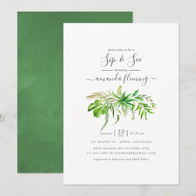 Aquarellwald Grünpflanzen Sip and See Einladung (Vorne/Hinten)