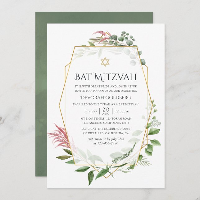 Aquarellwald Herbarium Geometrisches Bat Mitzvah Einladung (Vorne/Hinten)