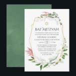 Aquarellwald Herbarium Geometrisches Bat Mitzvah Einladung<br><div class="desc">Waldgrün Fledermaus Mitzvah Einladung mit wilden Kräutern,  Farnen,  Blätter und Eukalyptus mit goldenem geometrischem Rahmen,  angepasst an Ihre Eventspezifikationen.</div>