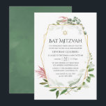 Aquarellwald Herbarium Geometrisches Bat Mitzvah Einladung<br><div class="desc">Waldgrün Fledermaus Mitzvah Einladung mit wilden Kräutern,  Farnen,  Blätter und Eukalyptus mit goldenem geometrischem Rahmen,  angepasst an Ihre Eventspezifikationen.</div>