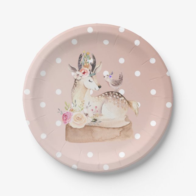 Aquarellwald Hirsch & Bird Baby Dusche Pappteller (Vorderseite)