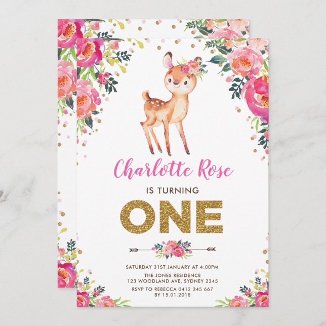 Aquarellwald Hirsche 1. Geburtstag Einladung (Vorne/Hinten)