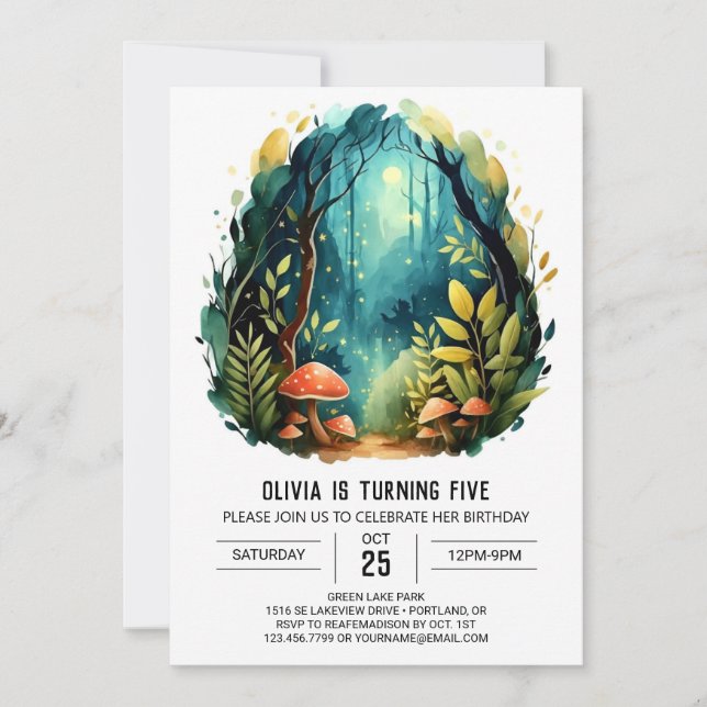 Aquarellwald Kinder Wald Geburtstag Einladung (Vorderseite)