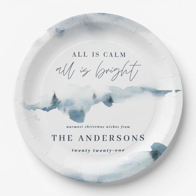 Aquarellwald Minimal blaue Weihnachtsfeiern Party Pappteller (Vorderseite)